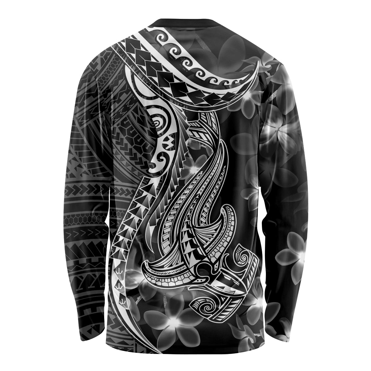 Black Polynesia Long Sleeve Shirt Shark Tattoo With Polynesian Plumeria - Wonder Print Shop
