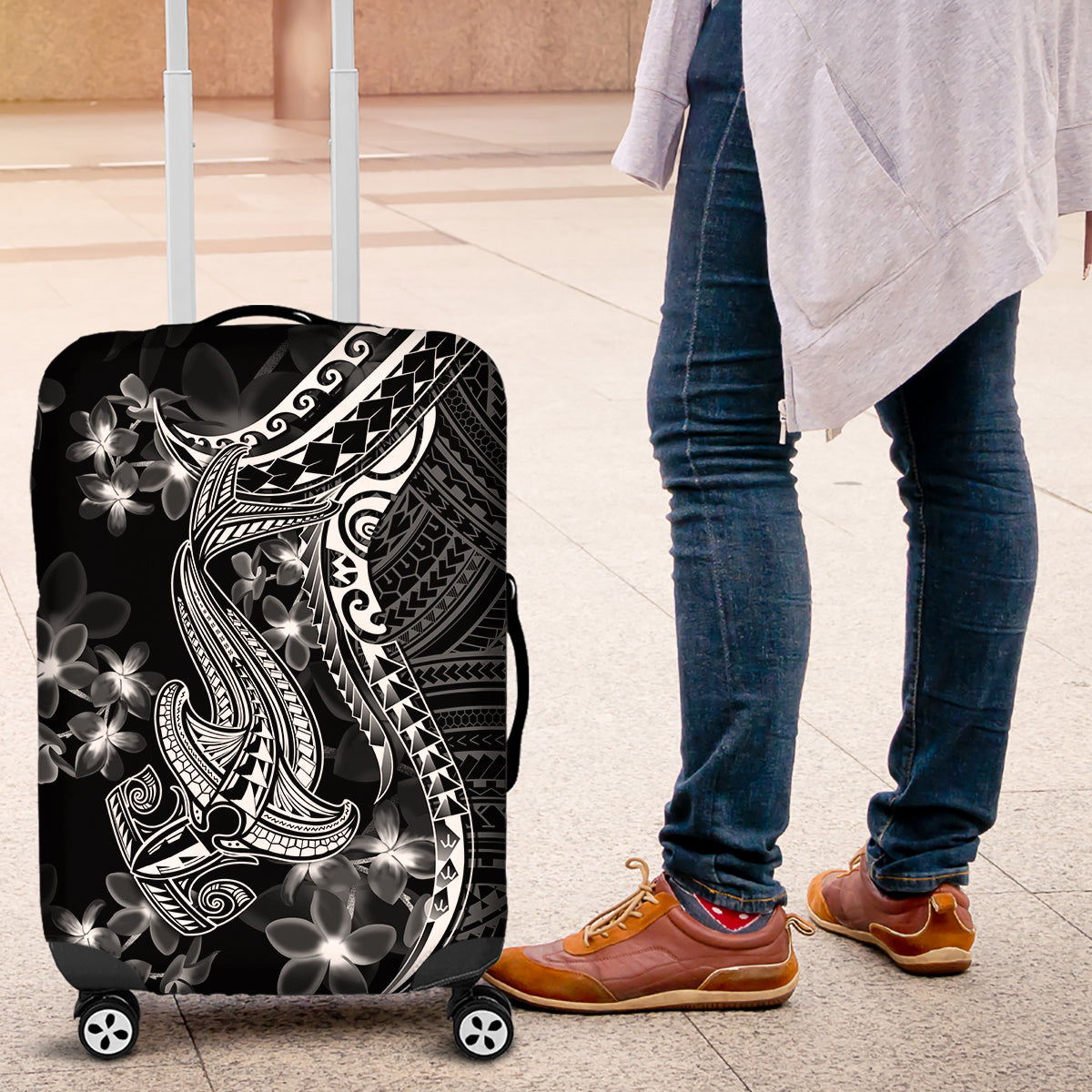 Black Polynesia Luggage Cover Shark Tattoo With Polynesian Plumeria - Wonder Print Shop