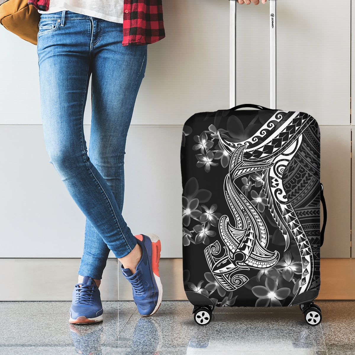 Black Polynesia Luggage Cover Shark Tattoo With Polynesian Plumeria - Wonder Print Shop