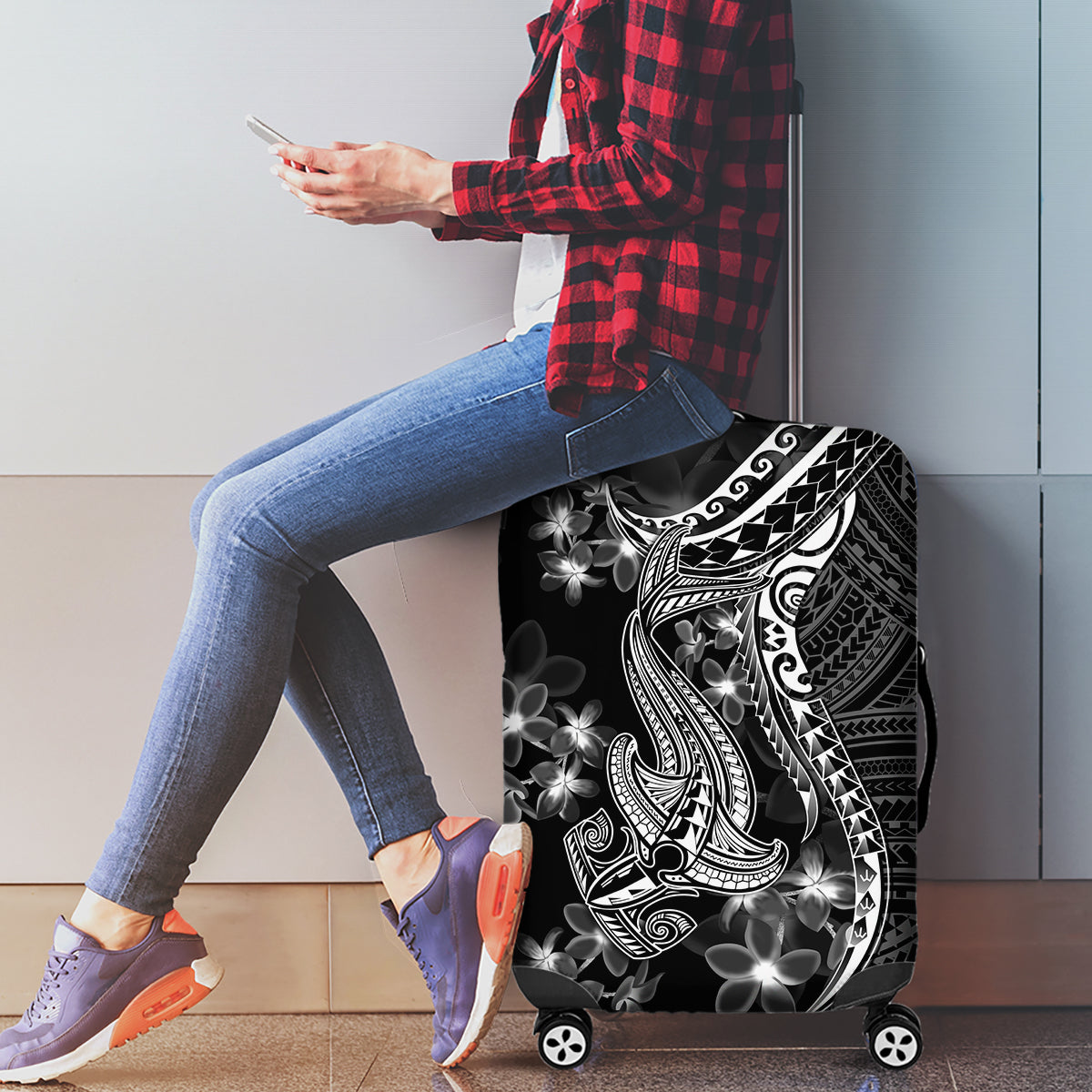 Black Polynesia Luggage Cover Shark Tattoo With Polynesian Plumeria - Wonder Print Shop