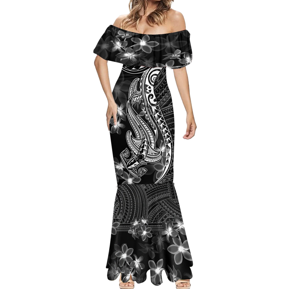 Black Polynesia Mermaid Dress Shark Tattoo With Polynesian Plumeria - Wonder Print Shop