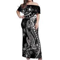 Black Polynesia Off Shoulder Maxi Dress Shark Tattoo With Polynesian Plumeria - Wonder Print Shop