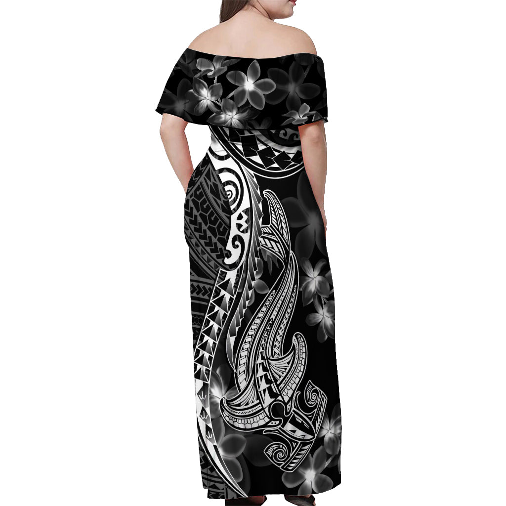 Black Polynesia Off Shoulder Maxi Dress Shark Tattoo With Polynesian Plumeria - Wonder Print Shop