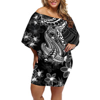 Black Polynesia Off Shoulder Short Dress Shark Tattoo With Polynesian Plumeria - Wonder Print Shop