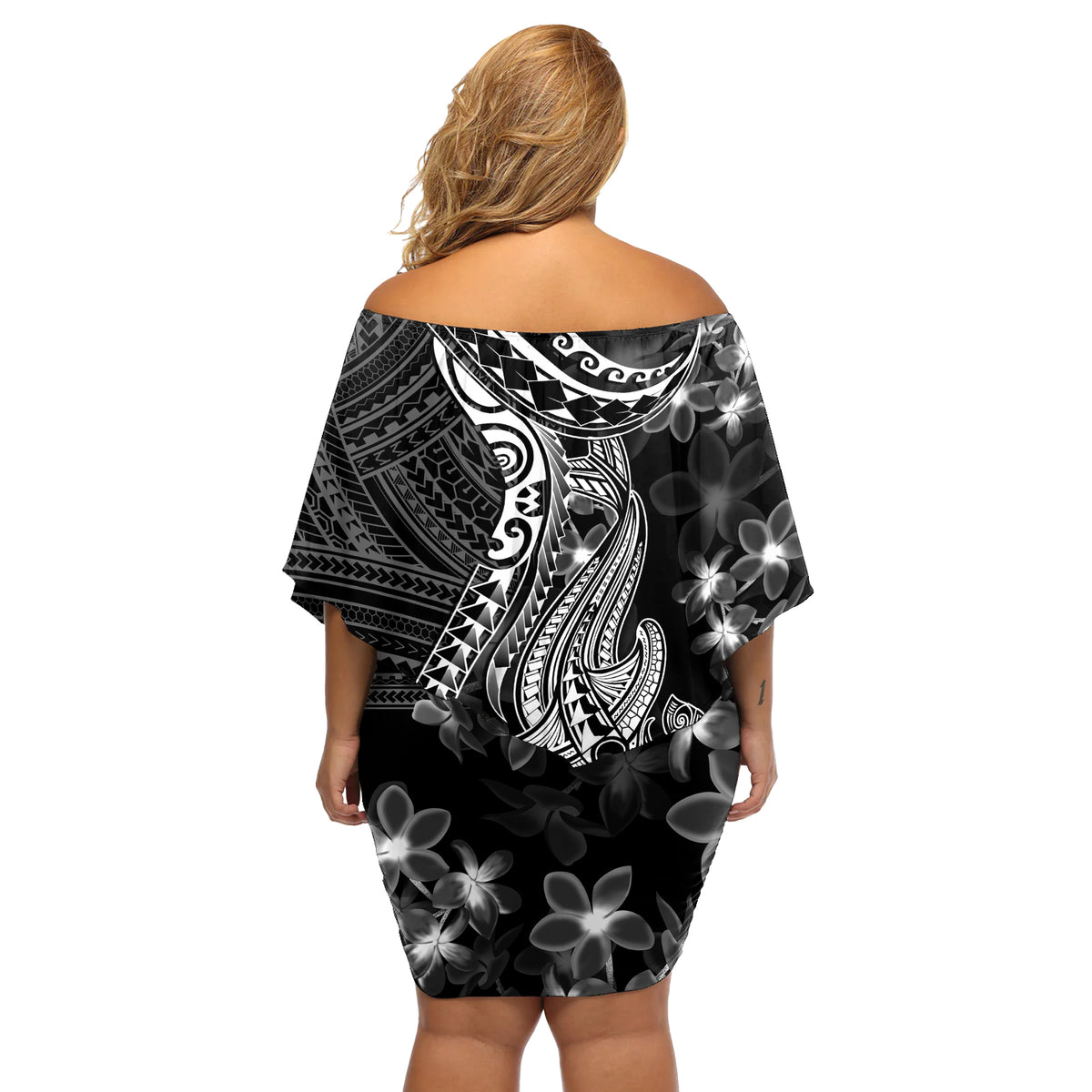 Black Polynesia Off Shoulder Short Dress Shark Tattoo With Polynesian Plumeria - Wonder Print Shop