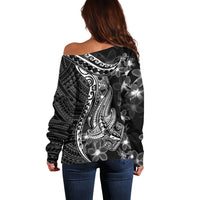 Black Polynesia Off Shoulder Sweater Shark Tattoo With Polynesian Plumeria - Wonder Print Shop