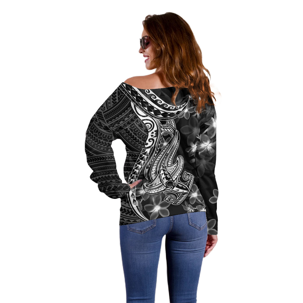 Black Polynesia Off Shoulder Sweater Shark Tattoo With Polynesian Plumeria - Wonder Print Shop