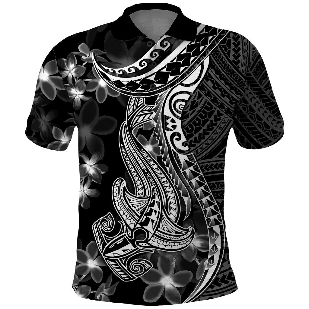 Black Polynesia Polo Shirt Shark Tattoo With Polynesian Plumeria - Wonder Print Shop