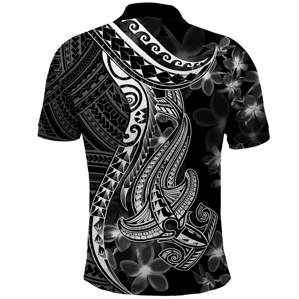 Black Polynesia Polo Shirt Shark Tattoo With Polynesian Plumeria - Wonder Print Shop
