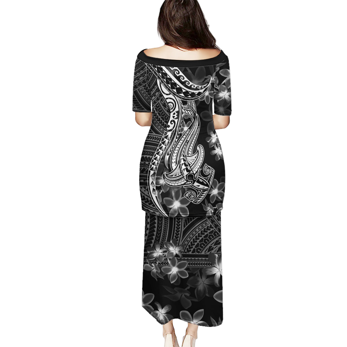 Black Polynesia Puletasi Shark Tattoo With Polynesian Plumeria - Wonder Print Shop