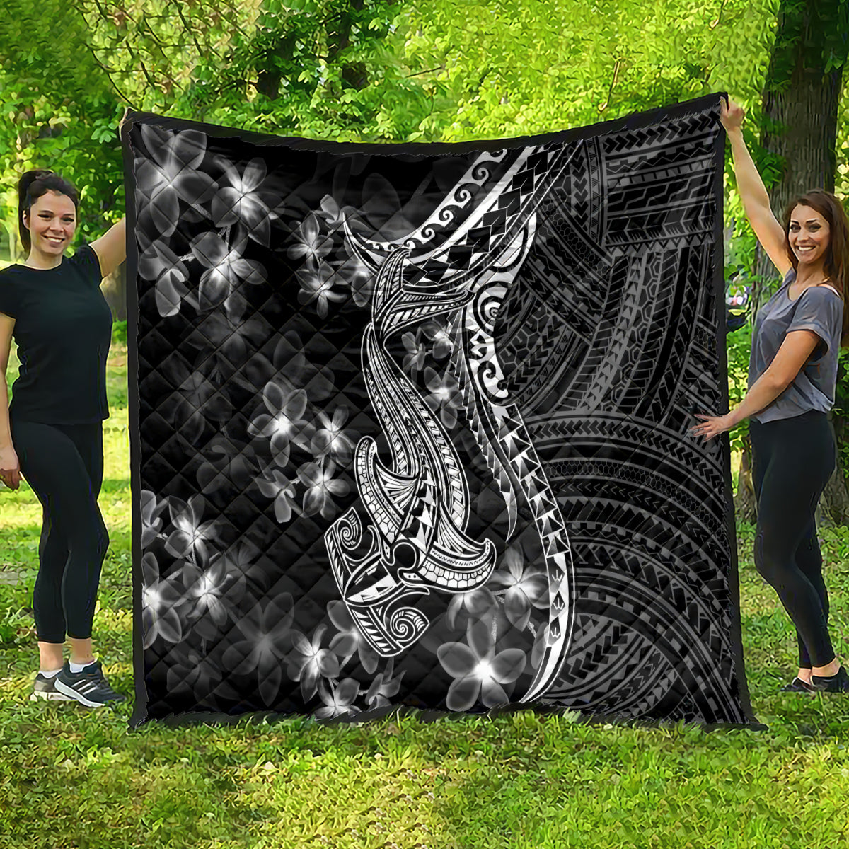 Black Polynesia Quilt Shark Tattoo With Polynesian Plumeria - Wonder Print Shop