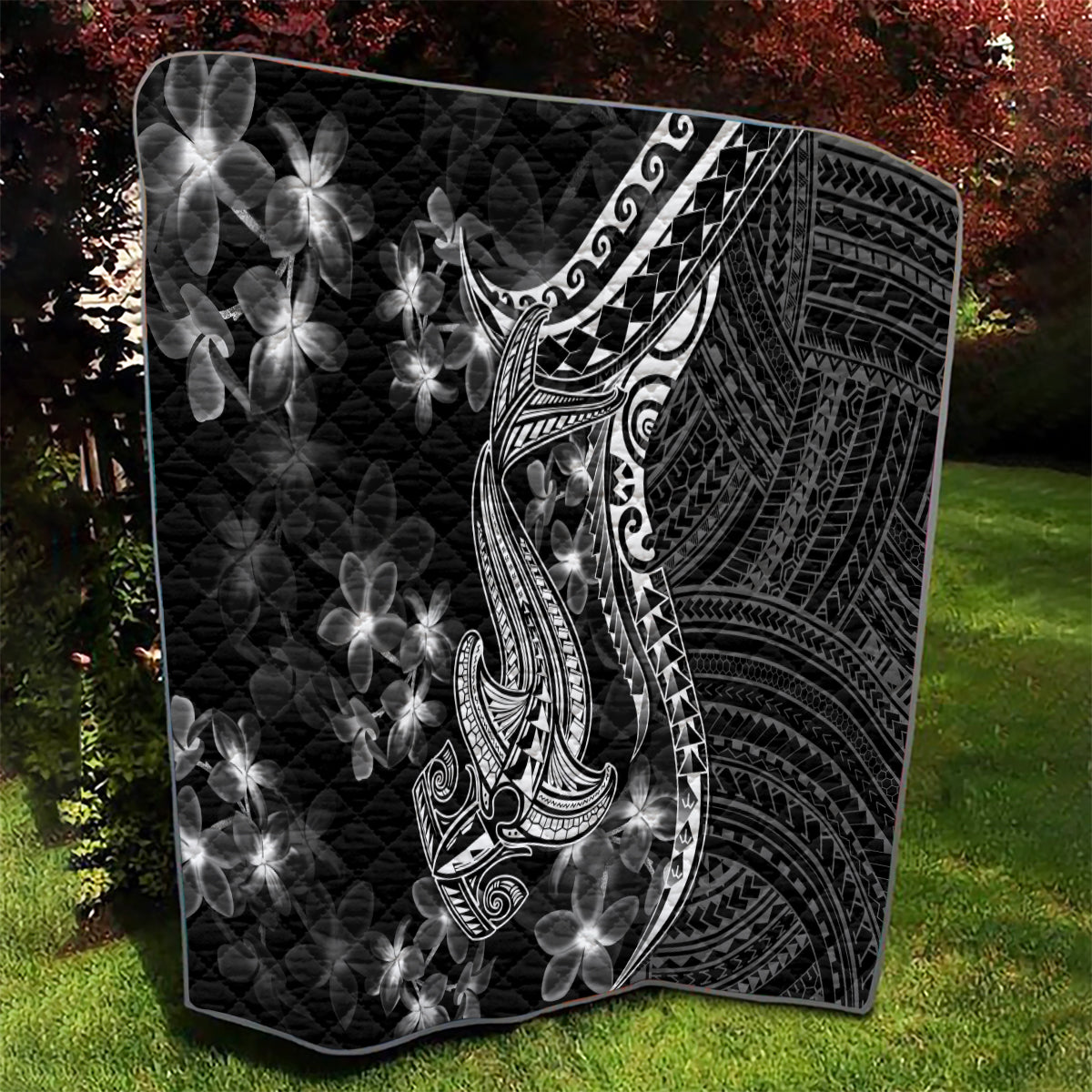 Black Polynesia Quilt Shark Tattoo With Polynesian Plumeria - Wonder Print Shop