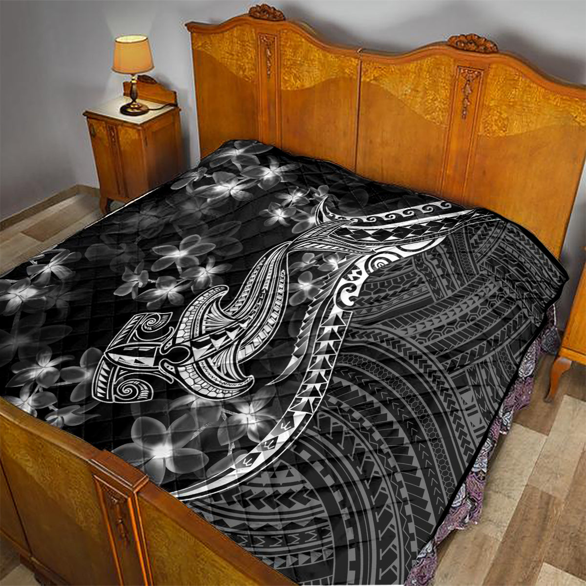 Black Polynesia Quilt Shark Tattoo With Polynesian Plumeria - Wonder Print Shop