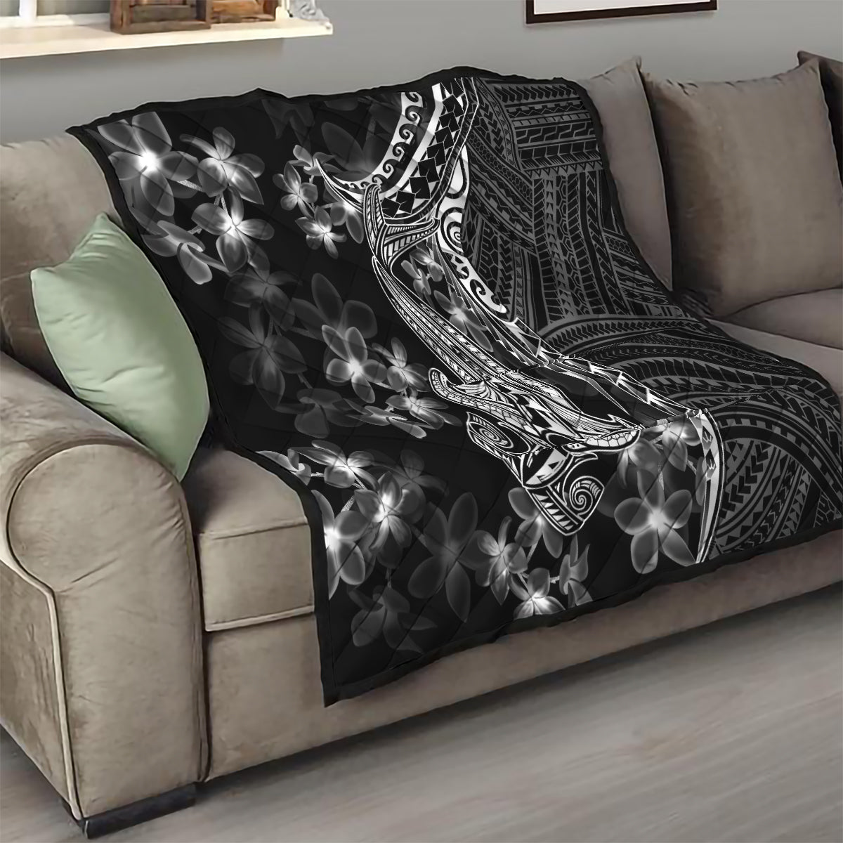 Black Polynesia Quilt Shark Tattoo With Polynesian Plumeria - Wonder Print Shop