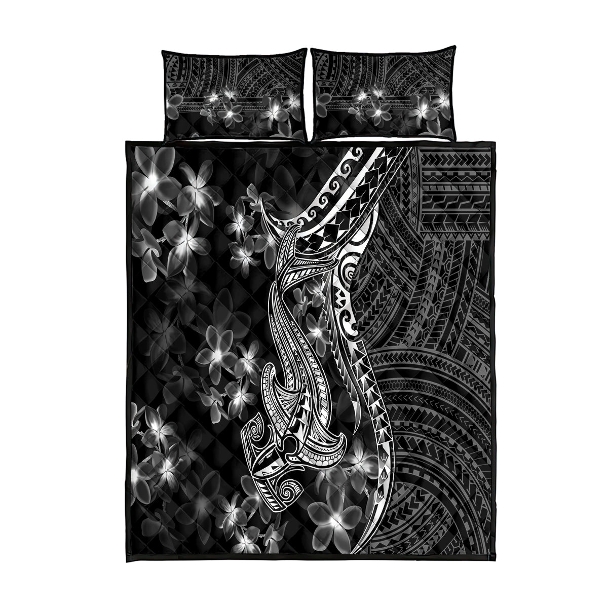 Black Polynesia Quilt Bed Set Shark Tattoo With Polynesian Plumeria - Wonder Print Shop