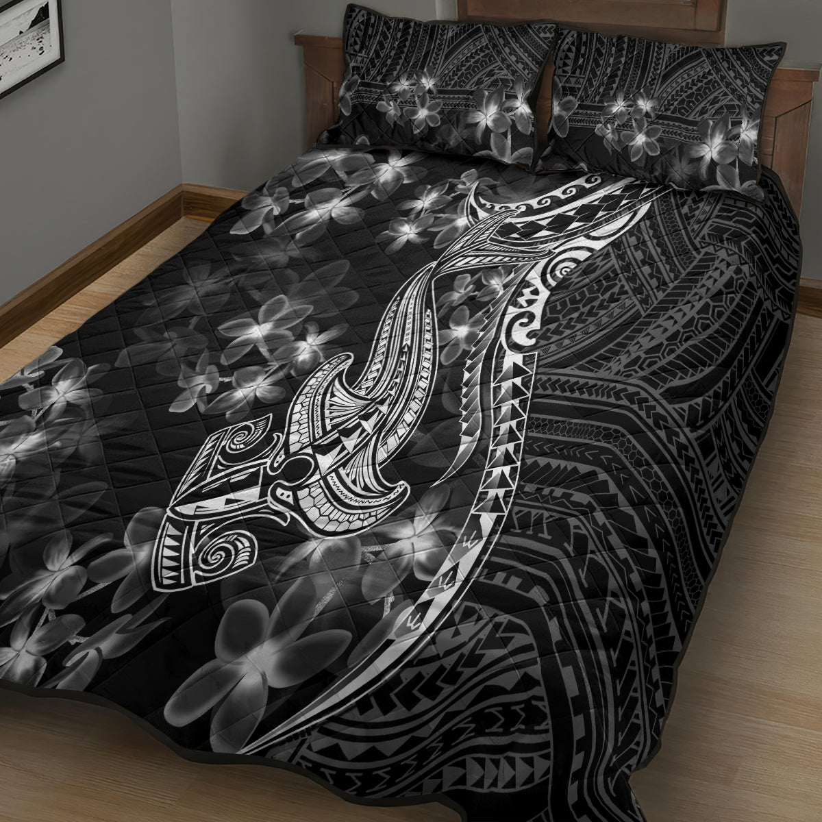 Black Polynesia Quilt Bed Set Shark Tattoo With Polynesian Plumeria - Wonder Print Shop
