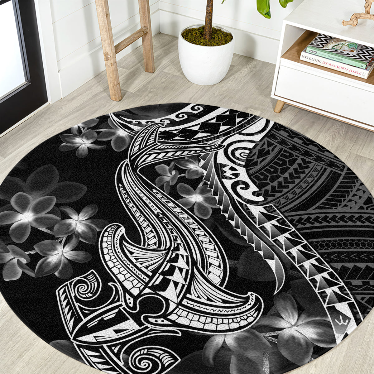 black-polynesia-round-carpet-shark-tattoo-with-polynesian-plumeria