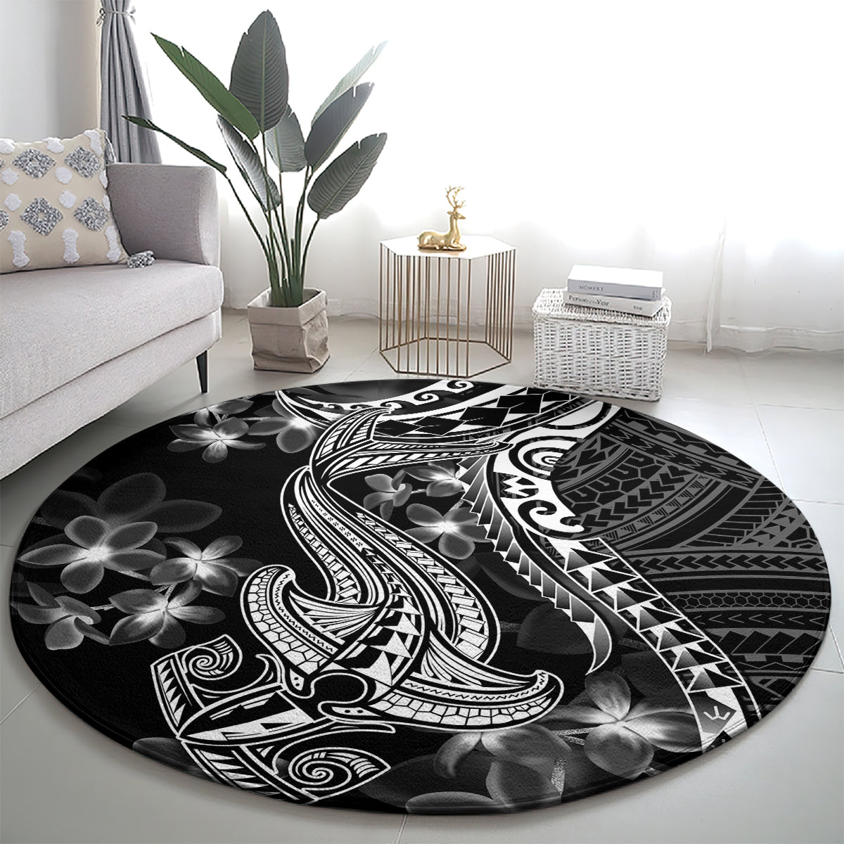 black-polynesia-round-carpet-shark-tattoo-with-polynesian-plumeria