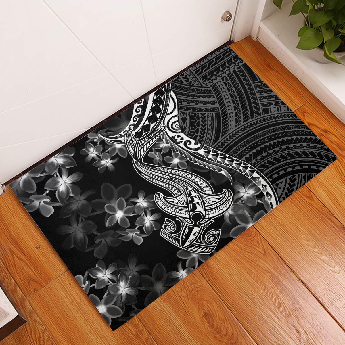 Black Polynesia Rubber Doormat Shark Tattoo With Polynesian Plumeria - Wonder Print Shop