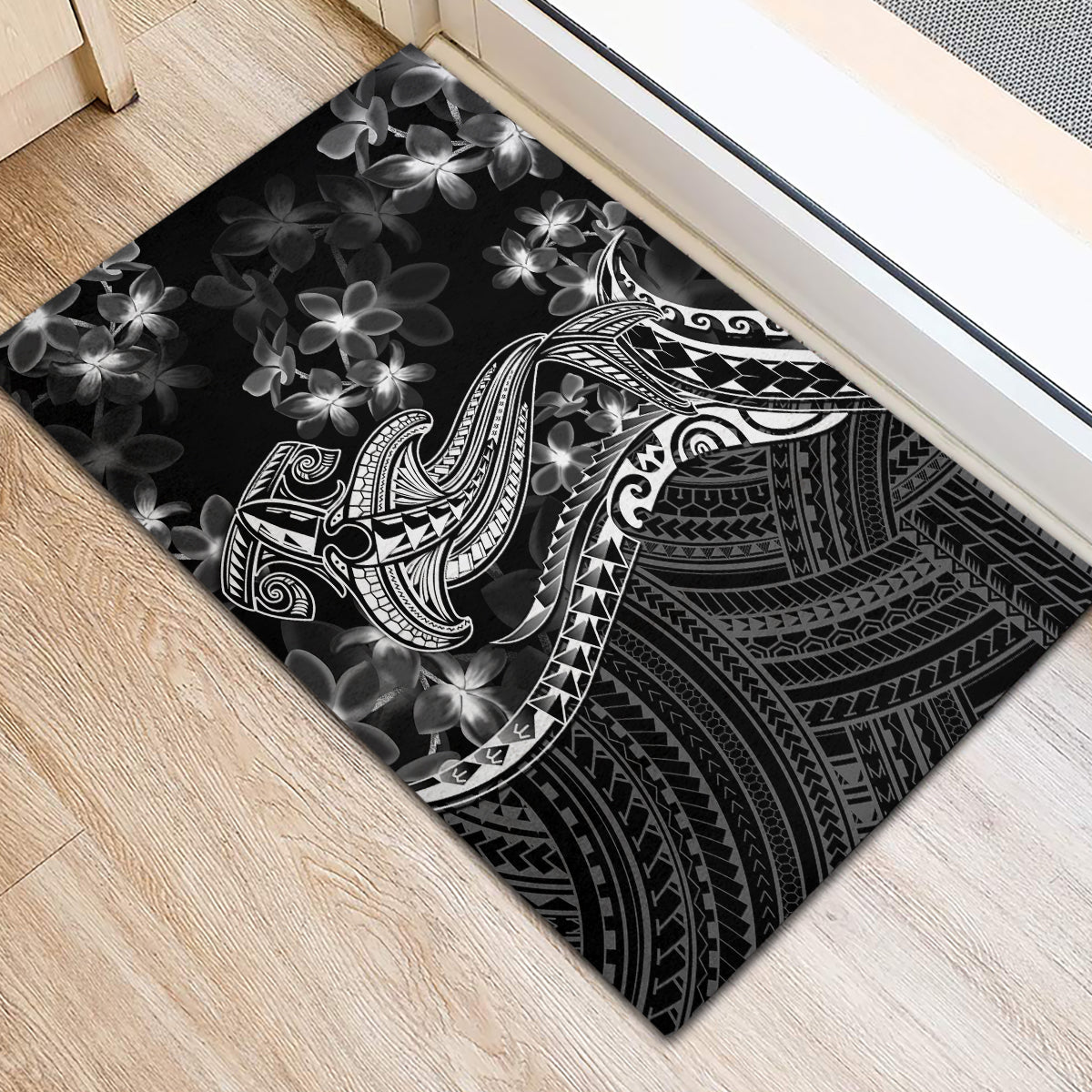 Black Polynesia Rubber Doormat Shark Tattoo With Polynesian Plumeria - Wonder Print Shop