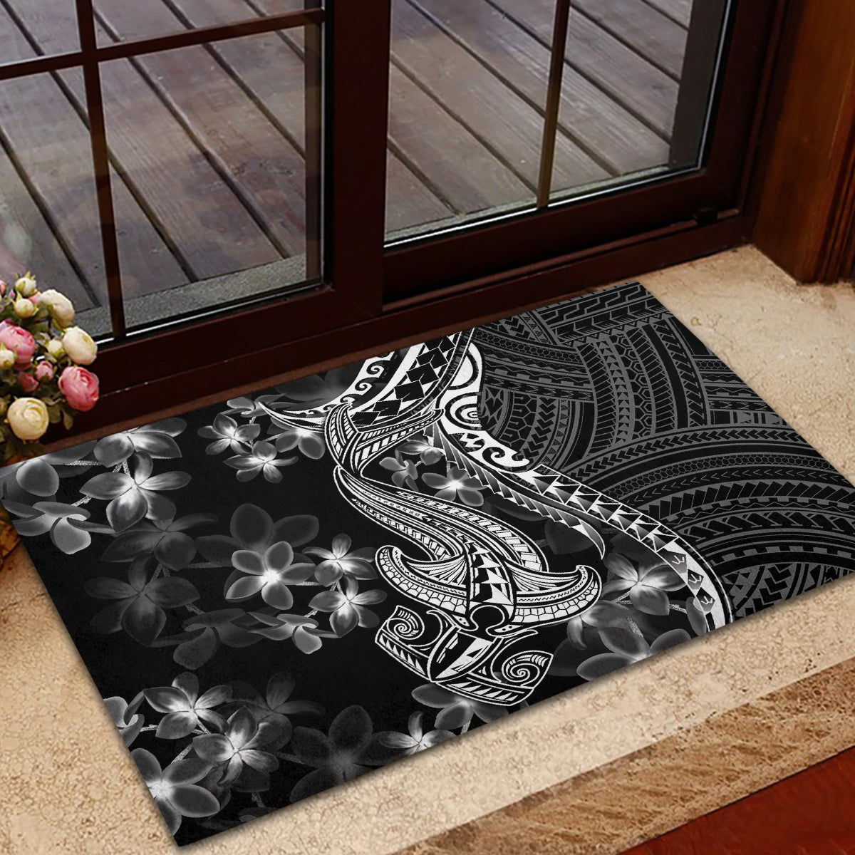 Black Polynesia Rubber Doormat Shark Tattoo With Polynesian Plumeria - Wonder Print Shop