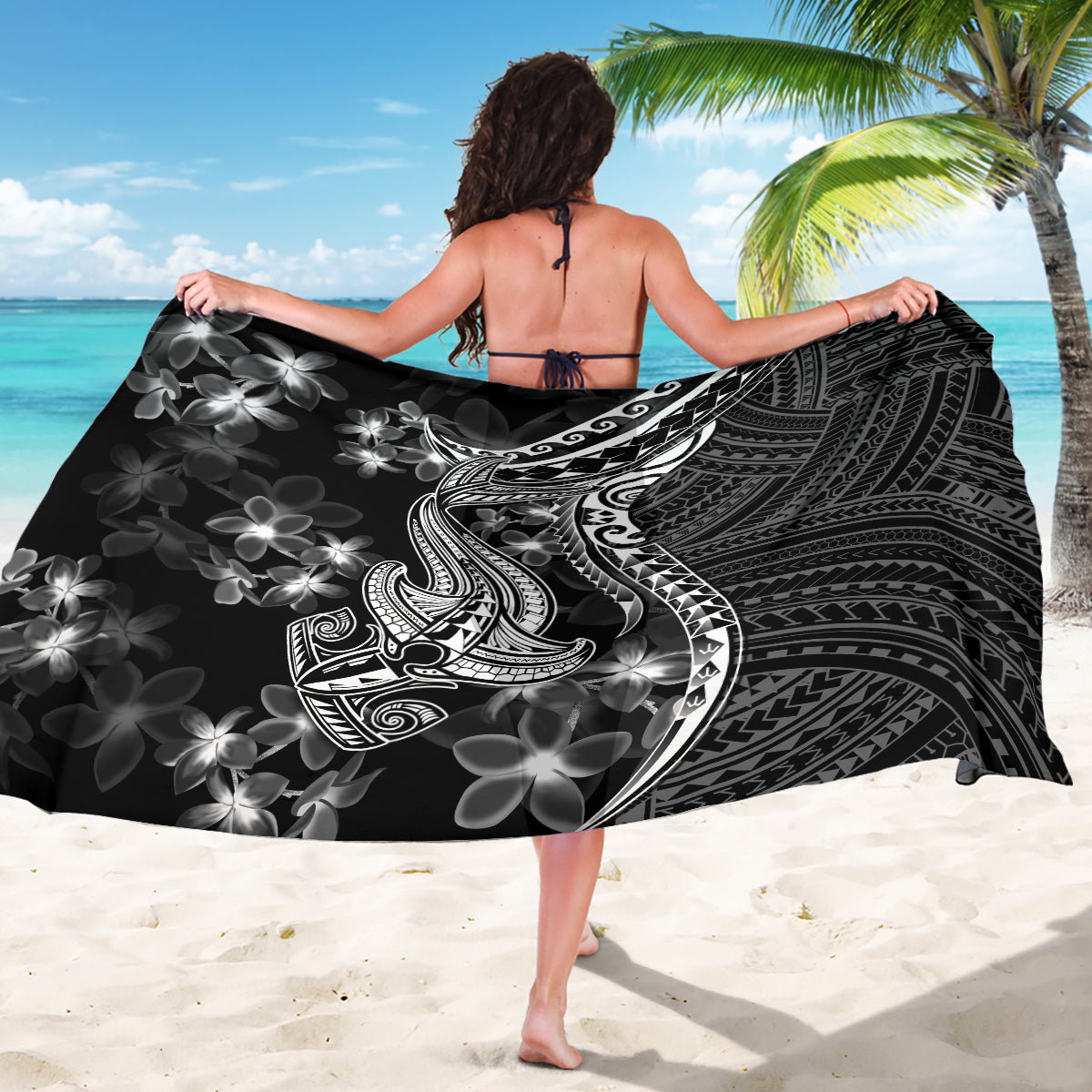 Black Polynesia Sarong Shark Tattoo With Polynesian Plumeria - Wonder Print Shop