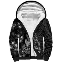Black Polynesia Sherpa Hoodie Shark Tattoo With Polynesian Plumeria - Wonder Print Shop