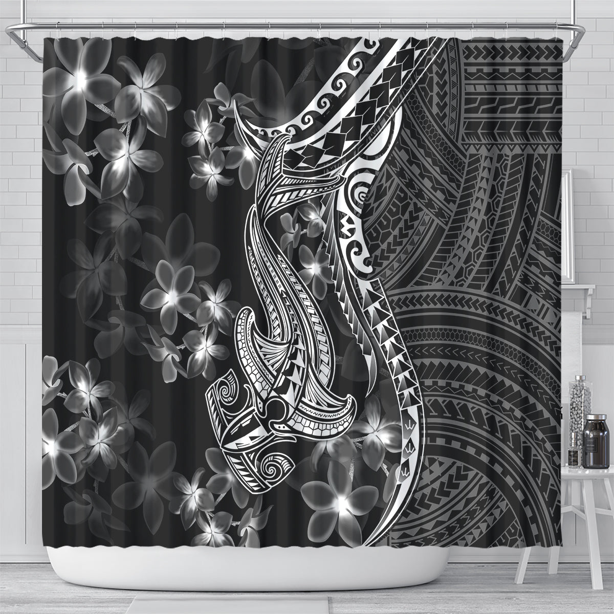 black-polynesia-shower-curtain-shark-tattoo-with-polynesian-plumeria