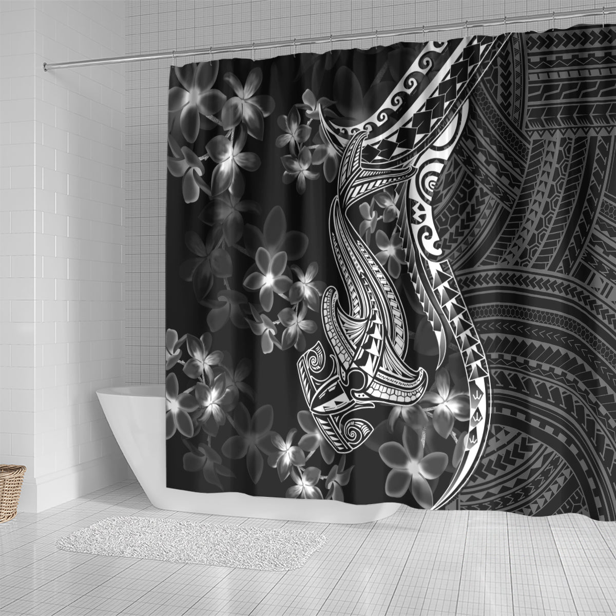 black-polynesia-shower-curtain-shark-tattoo-with-polynesian-plumeria