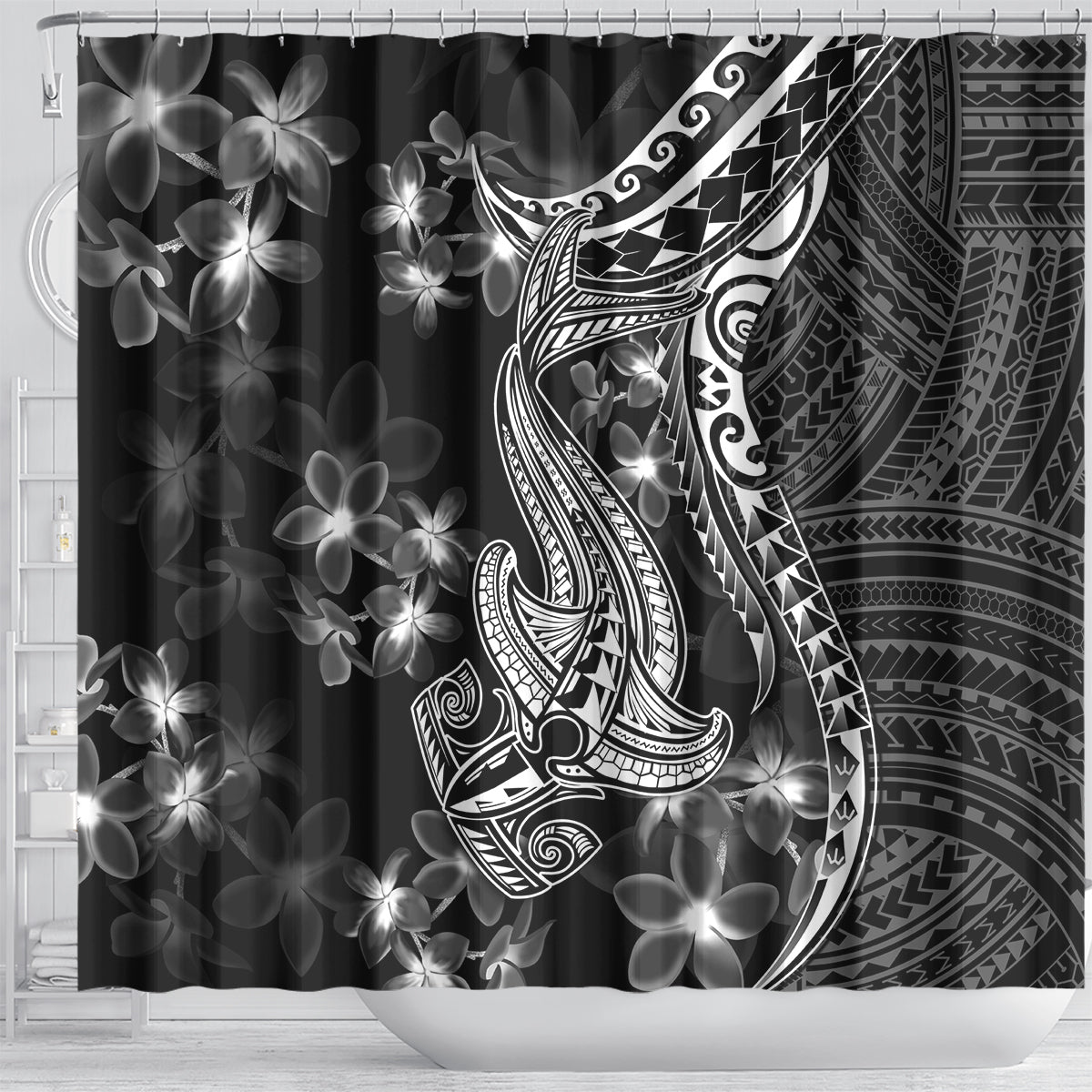 black-polynesia-shower-curtain-shark-tattoo-with-polynesian-plumeria
