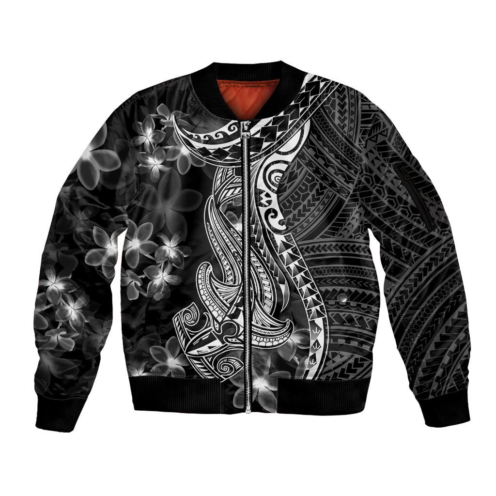 Black Polynesia Sleeve Zip Bomber Jacket Shark Tattoo With Polynesian Plumeria - Wonder Print Shop