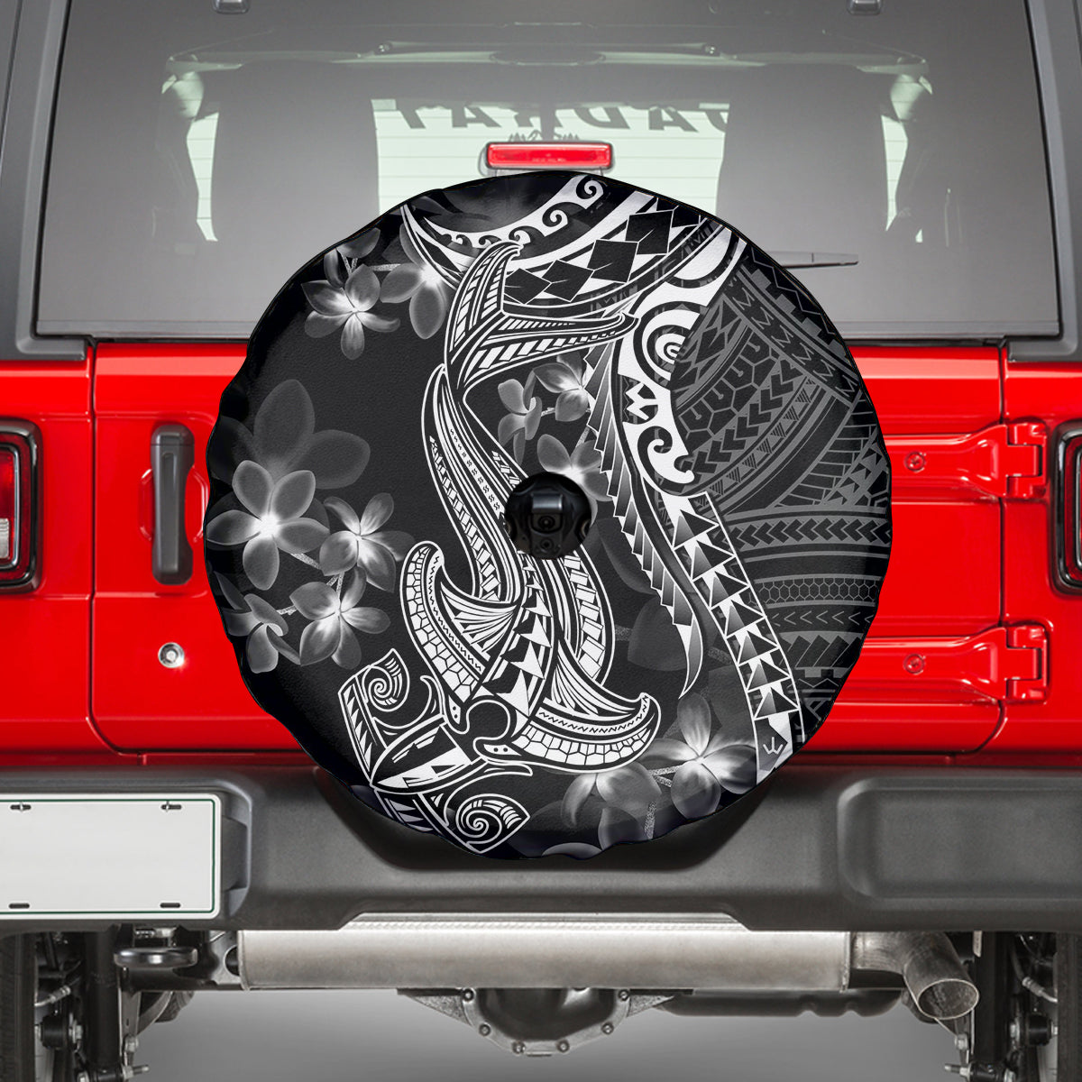 Black Polynesia Spare Tire Cover Shark Tattoo With Polynesian Plumeria - Wonder Print Shop