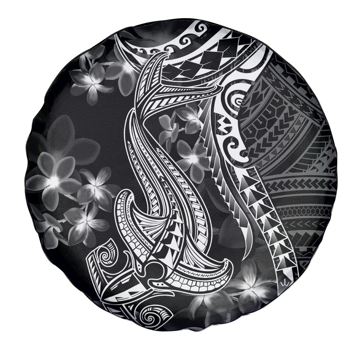 Black Polynesia Spare Tire Cover Shark Tattoo With Polynesian Plumeria - Wonder Print Shop