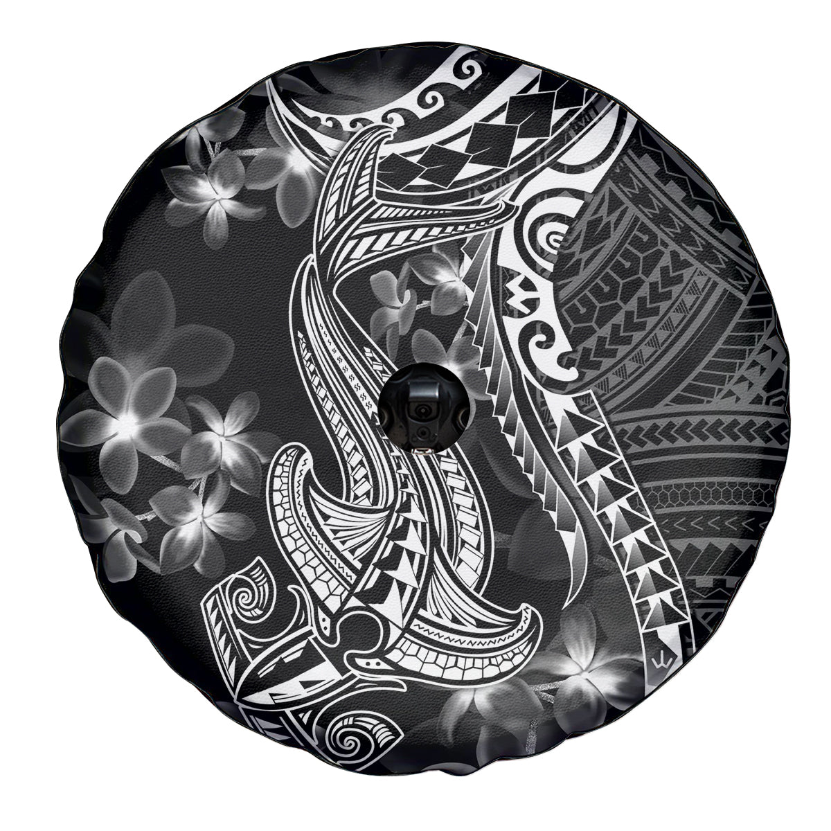 Black Polynesia Spare Tire Cover Shark Tattoo With Polynesian Plumeria - Wonder Print Shop
