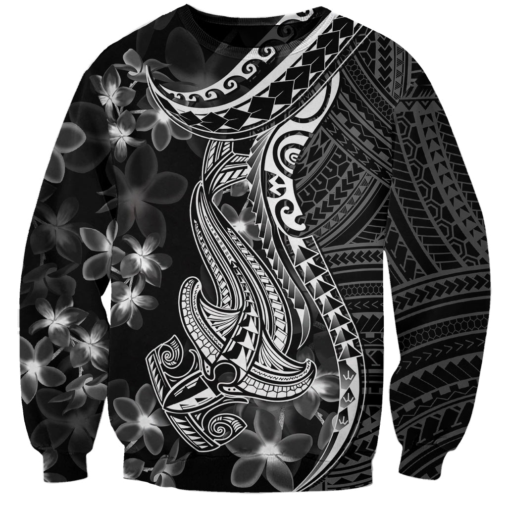 Black Polynesia Sweatshirt Shark Tattoo With Polynesian Plumeria - Wonder Print Shop