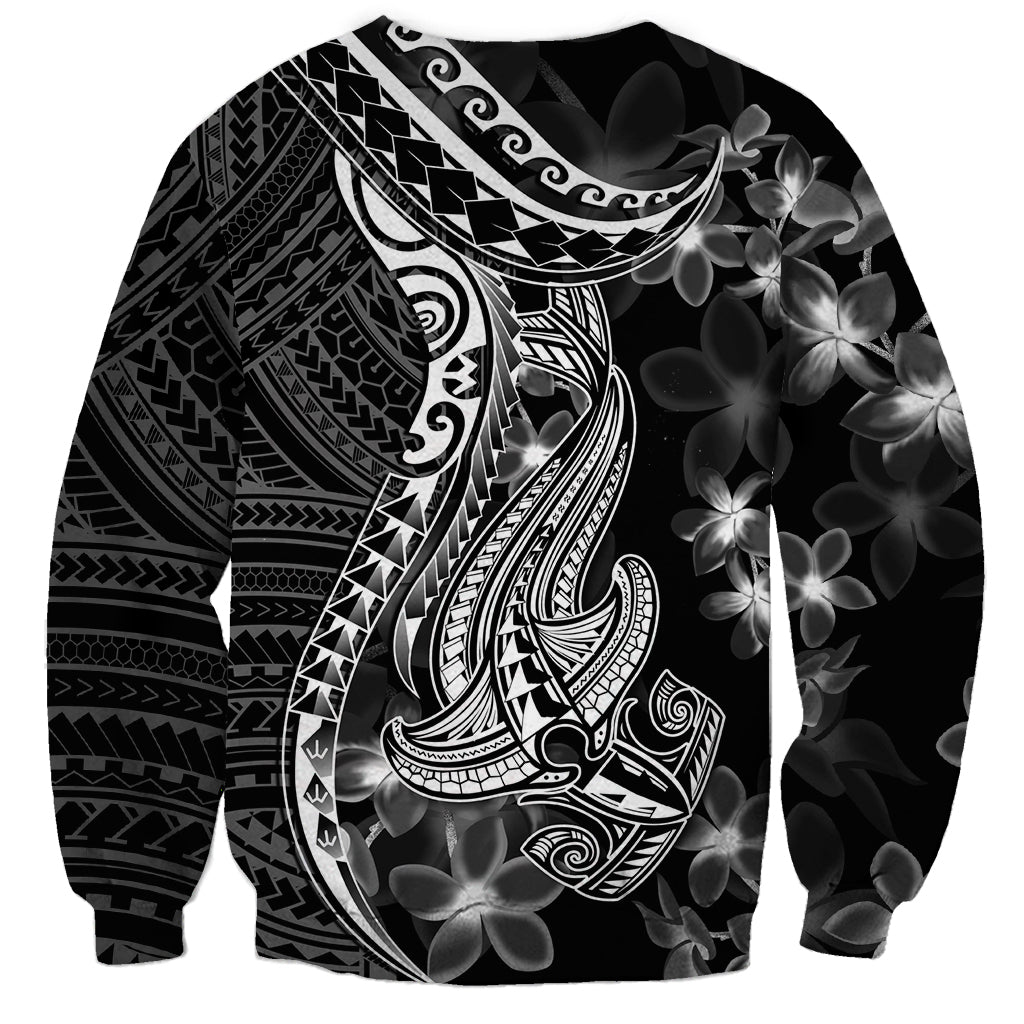 Black Polynesia Sweatshirt Shark Tattoo With Polynesian Plumeria - Wonder Print Shop