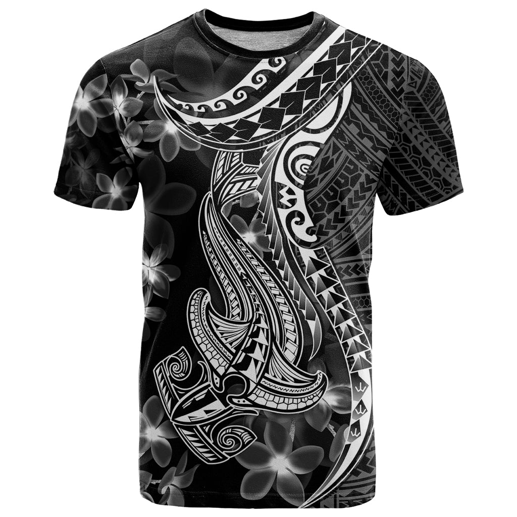 Black Polynesia T Shirt Shark Tattoo With Polynesian Plumeria - Wonder Print Shop