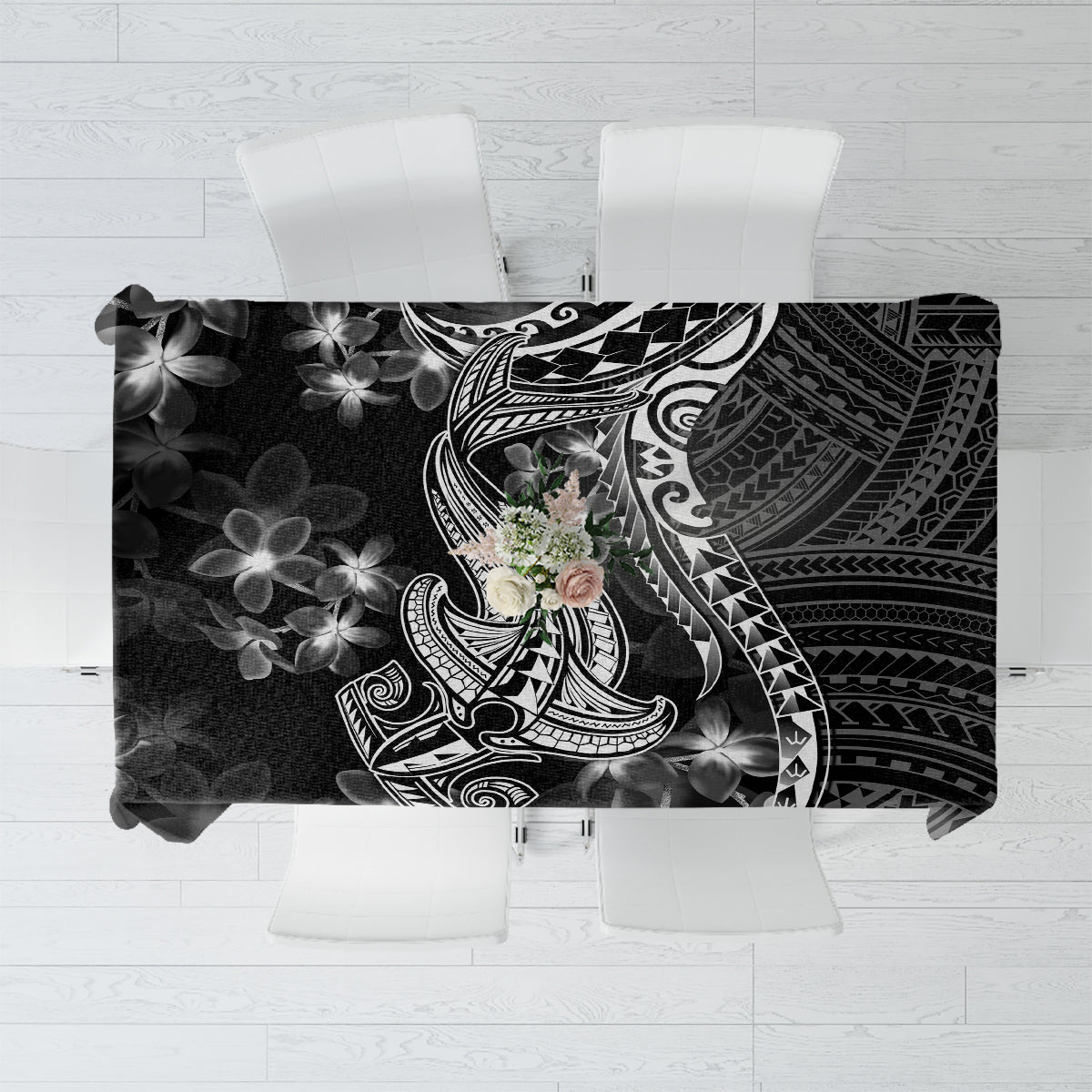 Black Polynesia Tablecloth Shark Tattoo With Polynesian Plumeria - Wonder Print Shop