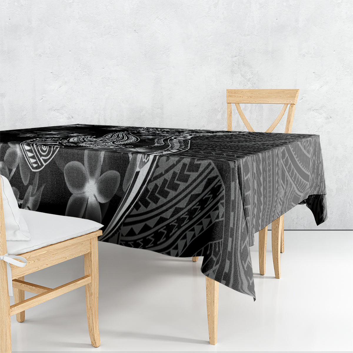 Black Polynesia Tablecloth Shark Tattoo With Polynesian Plumeria - Wonder Print Shop