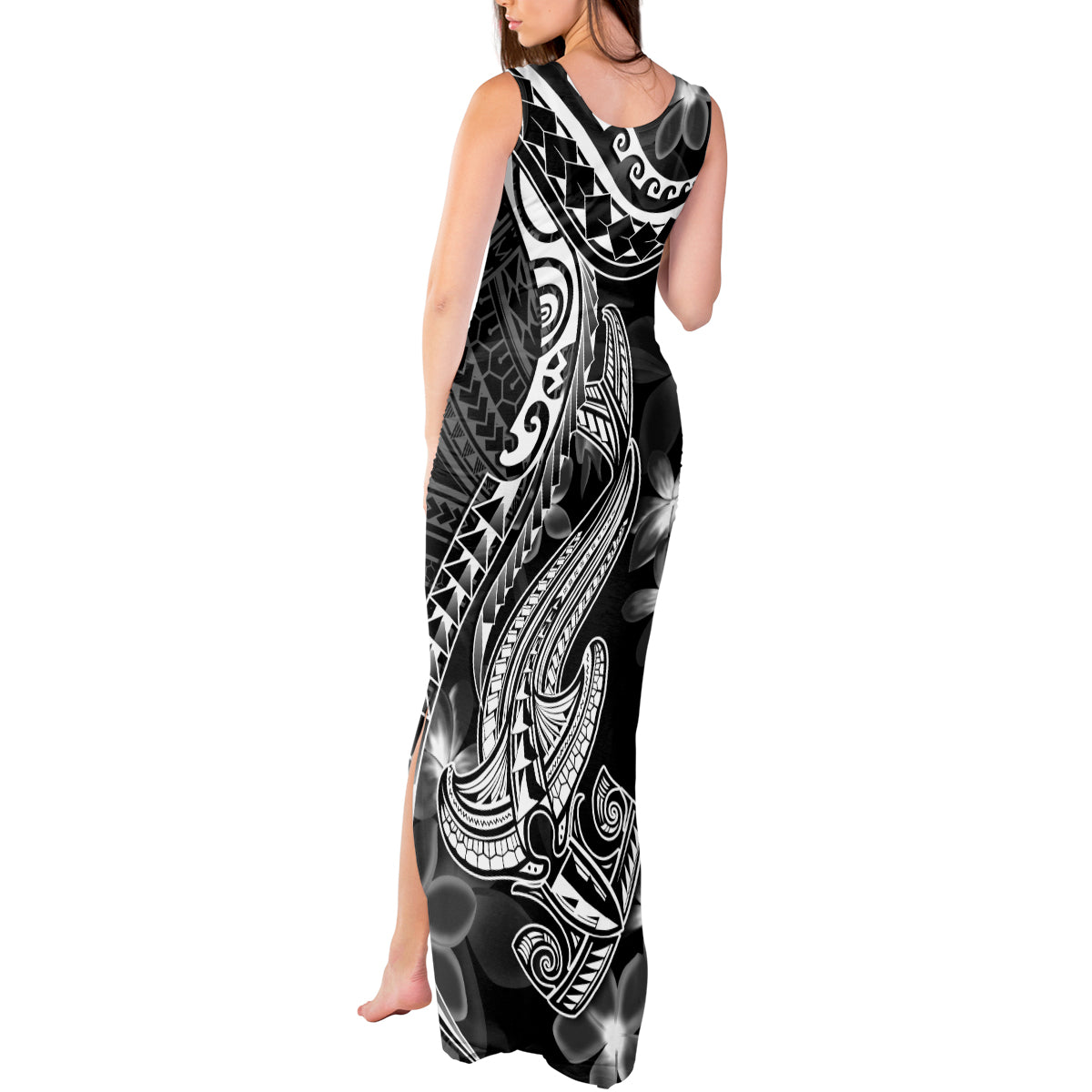 Black Polynesia Tank Maxi Dress Shark Tattoo With Polynesian Plumeria - Wonder Print Shop