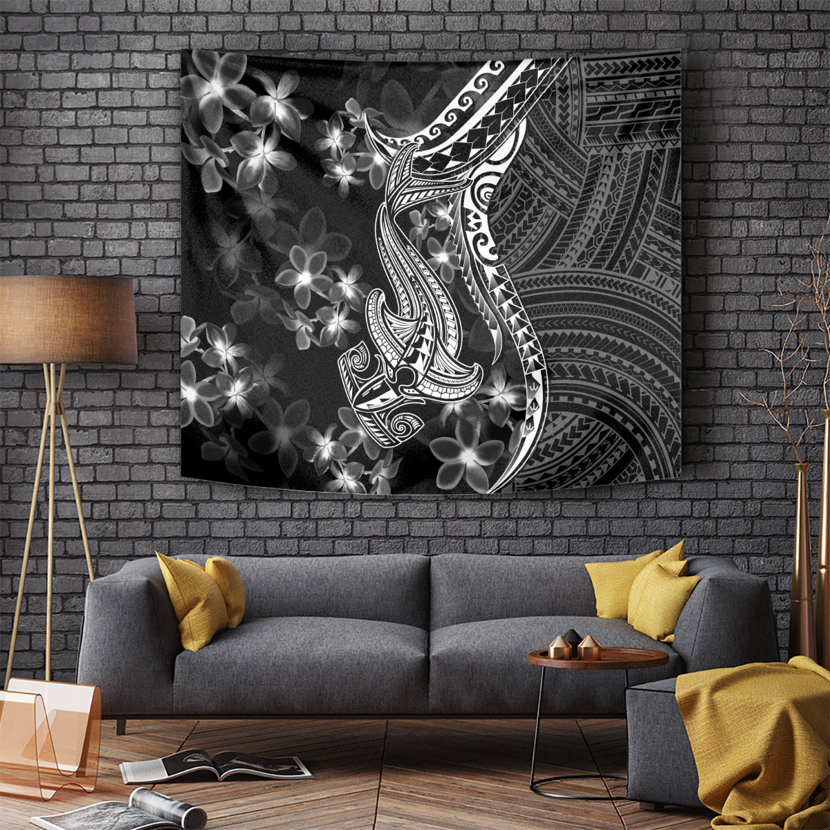 Black Polynesia Tapestry Shark Tattoo With Polynesian Plumeria - Wonder Print Shop