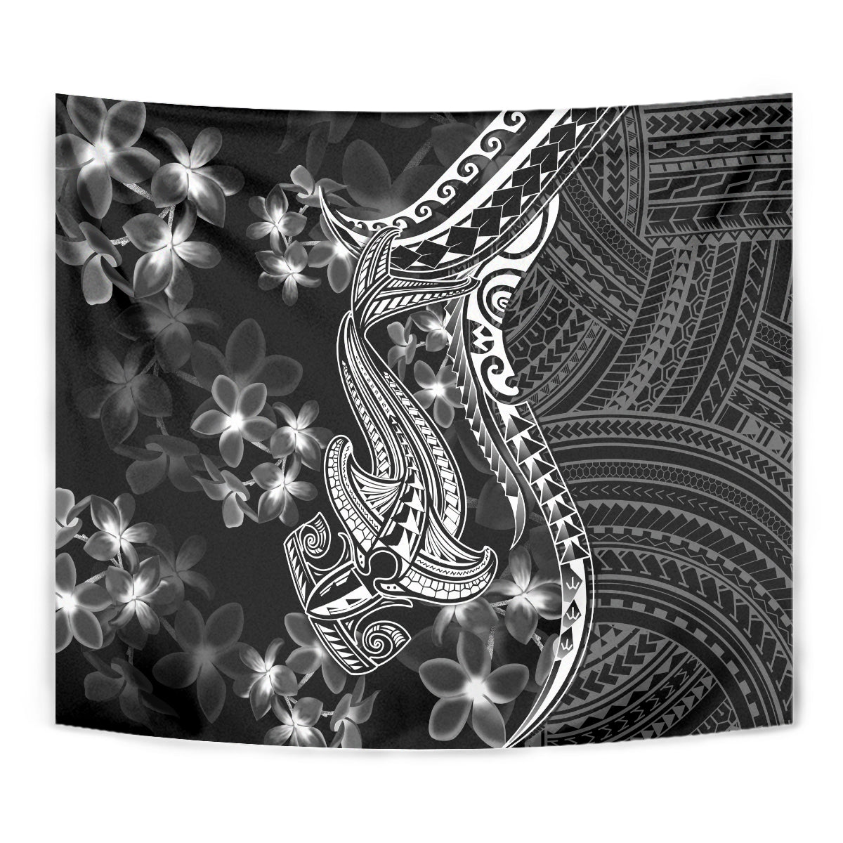 Black Polynesia Tapestry Shark Tattoo With Polynesian Plumeria - Wonder Print Shop