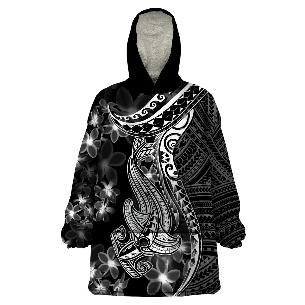 Black Polynesia Wearable Blanket Hoodie Shark Tattoo With Polynesian Plumeria - Wonder Print Shop