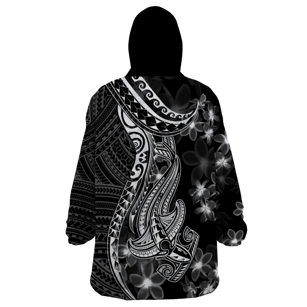 Black Polynesia Wearable Blanket Hoodie Shark Tattoo With Polynesian Plumeria - Wonder Print Shop