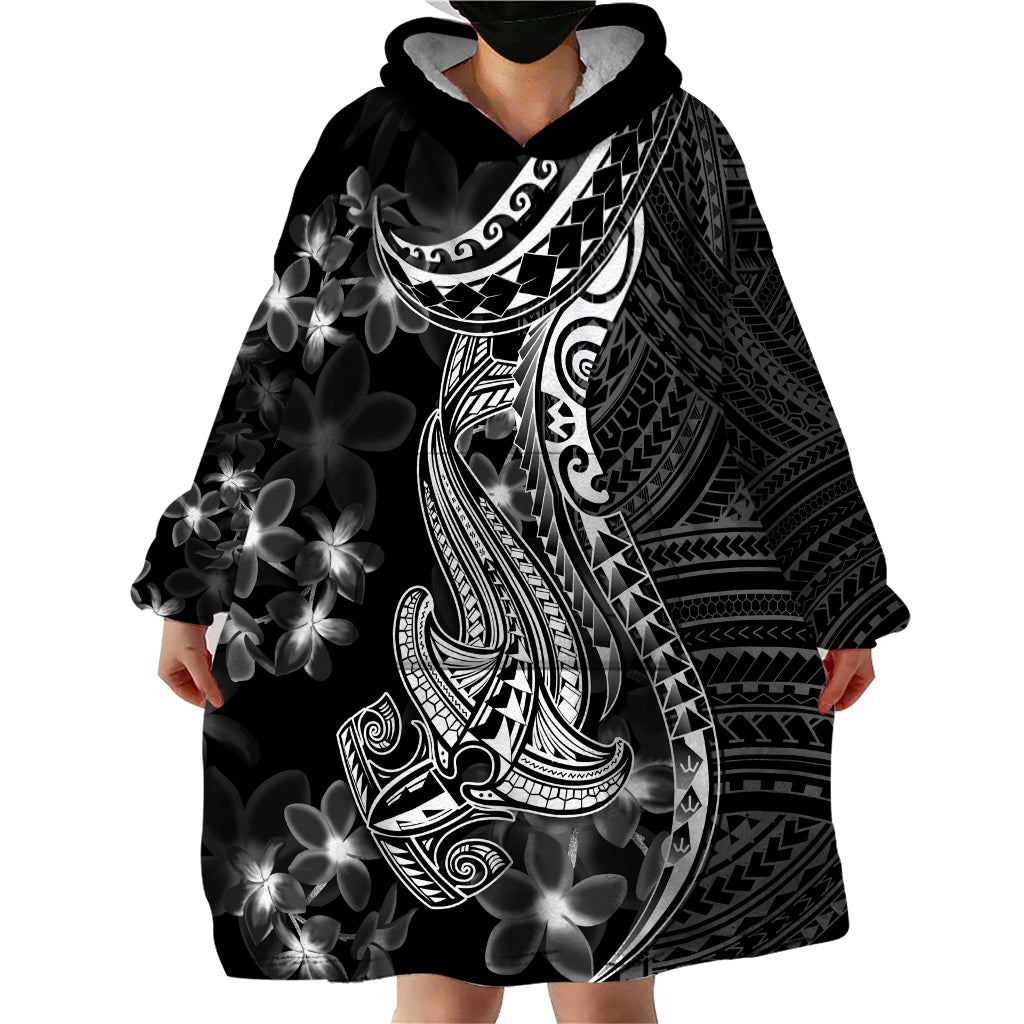 Black Polynesia Wearable Blanket Hoodie Shark Tattoo With Polynesian Plumeria - Wonder Print Shop