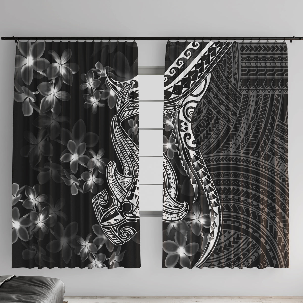 Black Polynesia Window Curtain Shark Tattoo With Polynesian Plumeria - Wonder Print Shop