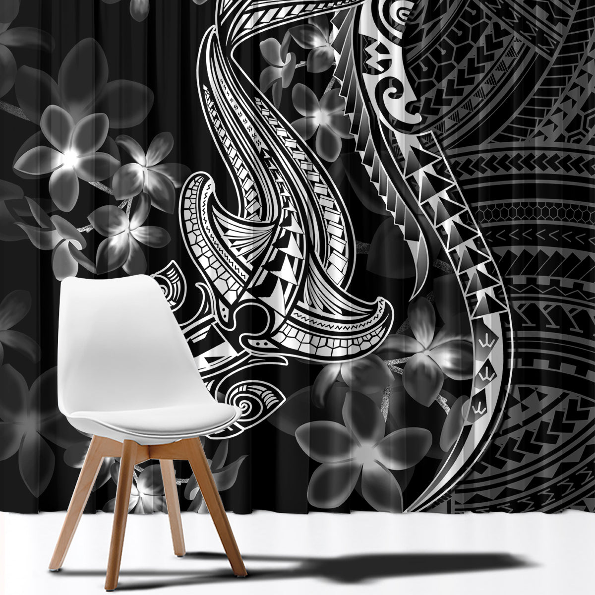 Black Polynesia Window Curtain Shark Tattoo With Polynesian Plumeria - Wonder Print Shop