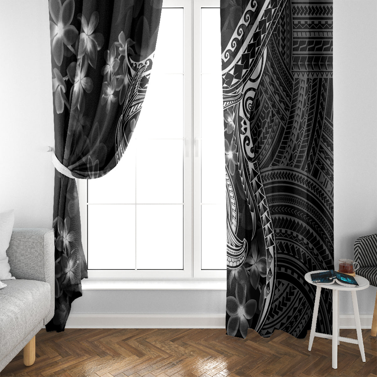 Black Polynesia Window Curtain Shark Tattoo With Polynesian Plumeria - Wonder Print Shop