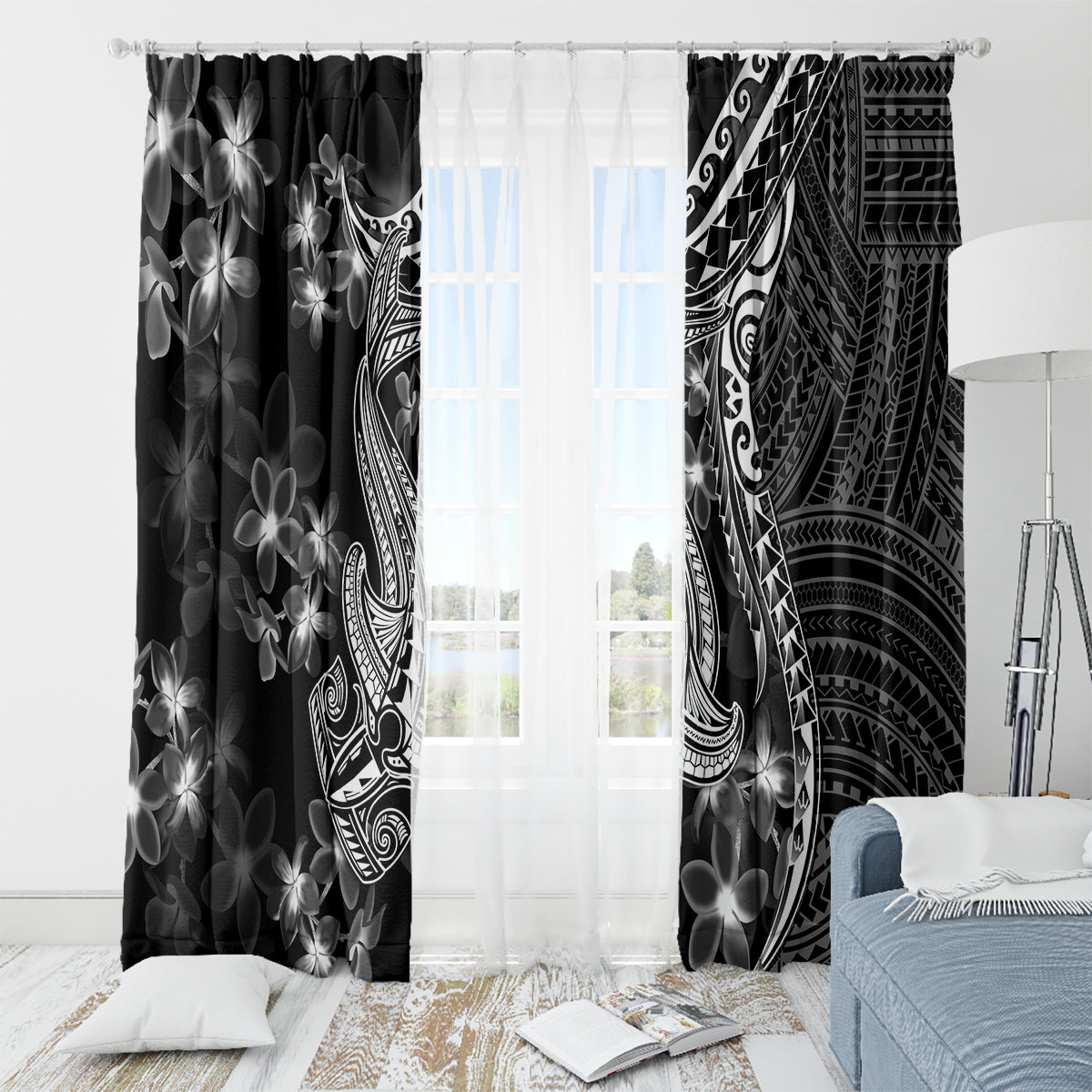Black Polynesia Window Curtain Shark Tattoo With Polynesian Plumeria - Wonder Print Shop