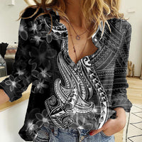 Black Polynesia Women Casual Shirt Shark Tattoo With Polynesian Plumeria - Wonder Print Shop